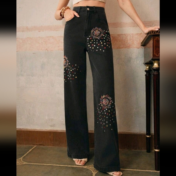 Women's Fashion Diamond Embroidered Floral Straight-Leg Jeans, Spring/Summer